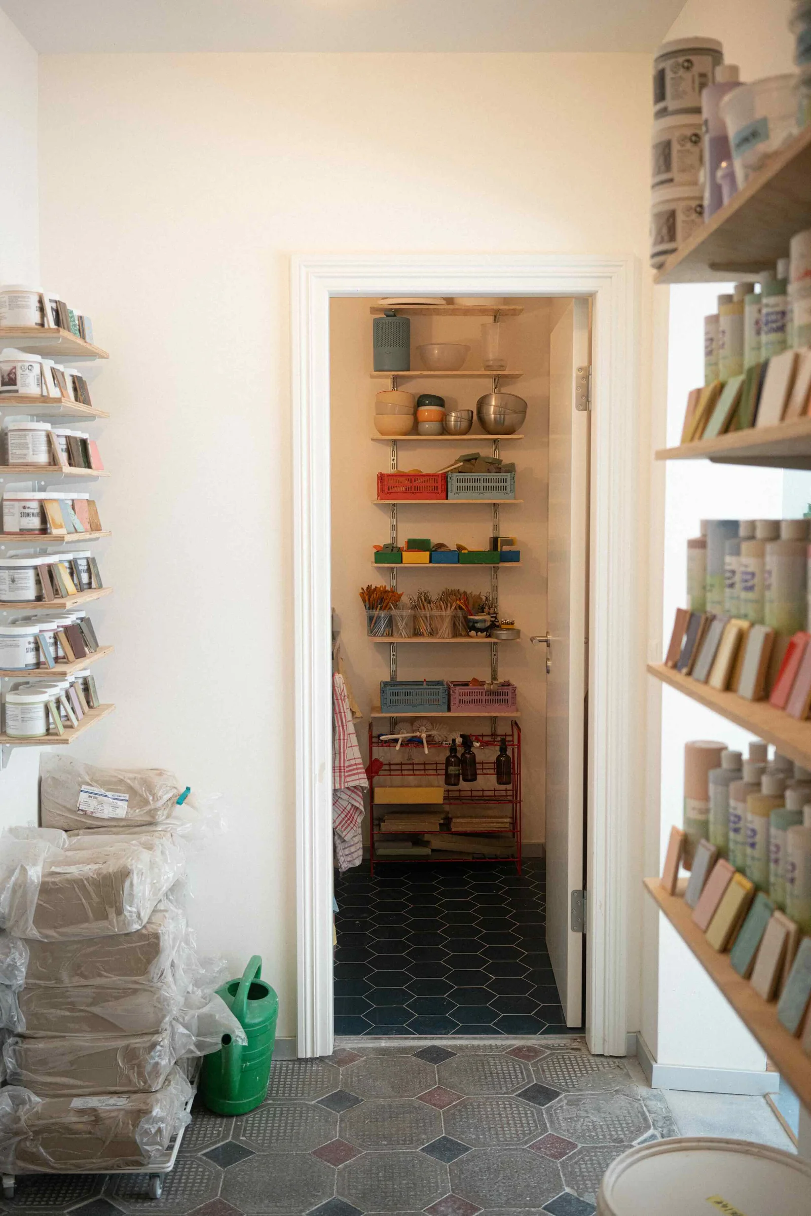 Shelves of members' work in progress